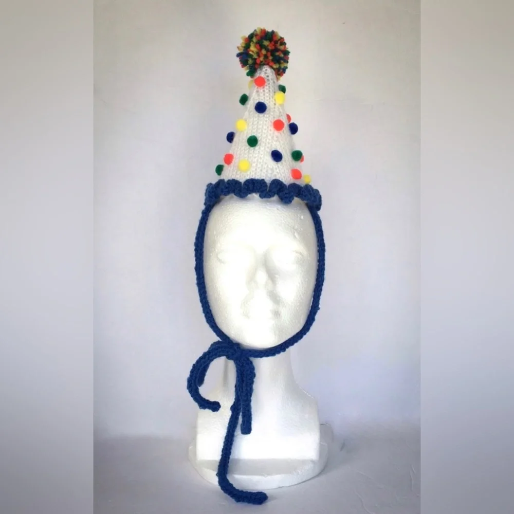 NWT Hand Knit Party Hat in Primary Colors with Neck Tie size Fits Most